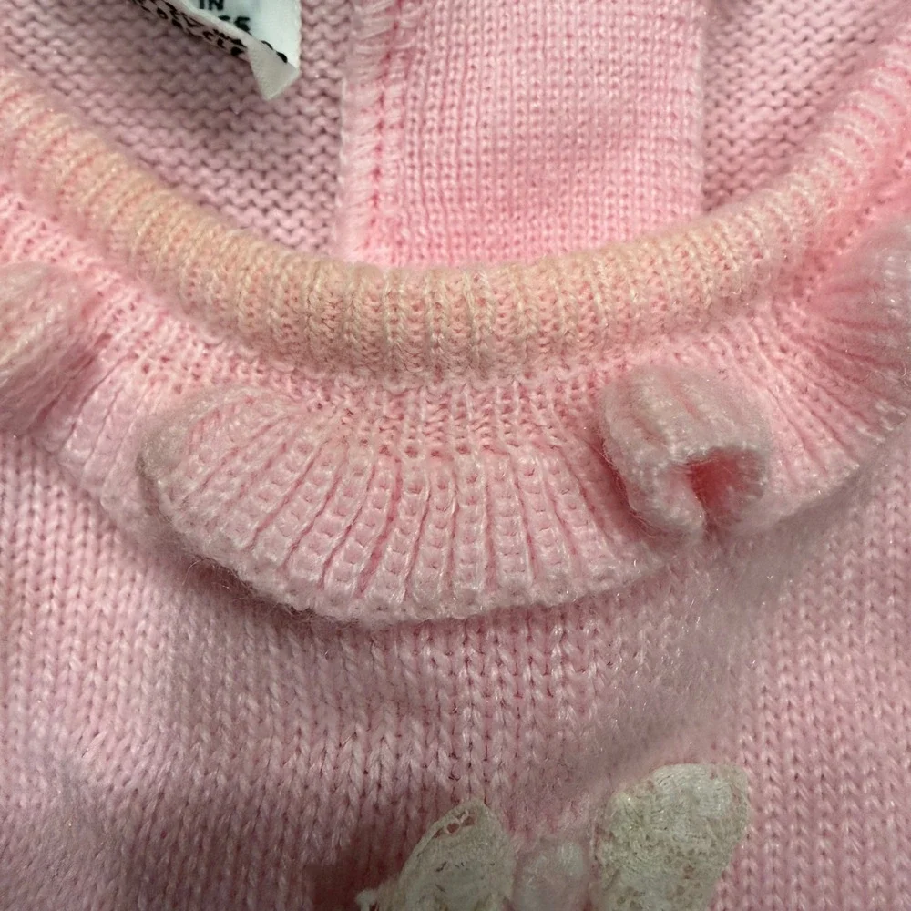 Vintage Tiny Town Pink Knit Ruffle Collar Sweater Lace Bows Kids Size 18 Months